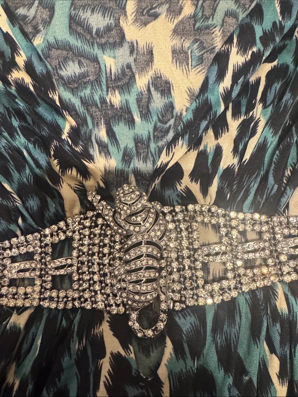 Sky Teal Black White Leopard V-Neck Top with Bejeweled Waist - Picture 3 of 4